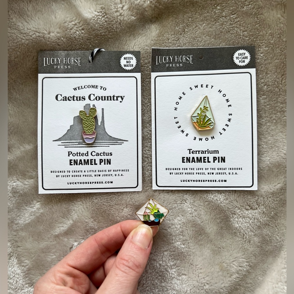 Lucky Horse Terrarium and Cactus Enamel Pins